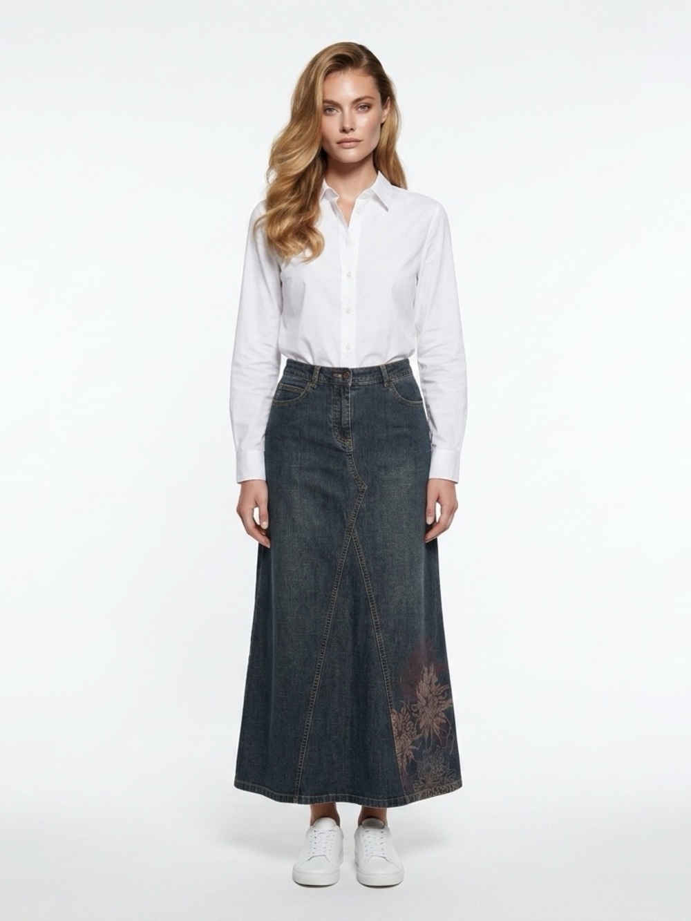 Wallis Denim Long Skirt with Pink Flower Design